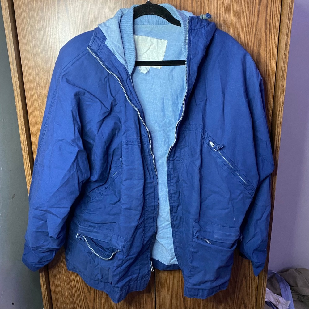 Vintage IZZI Utility Hooded Jacket Mens XL Blue‎ Zip Up Gorpcore Workwear